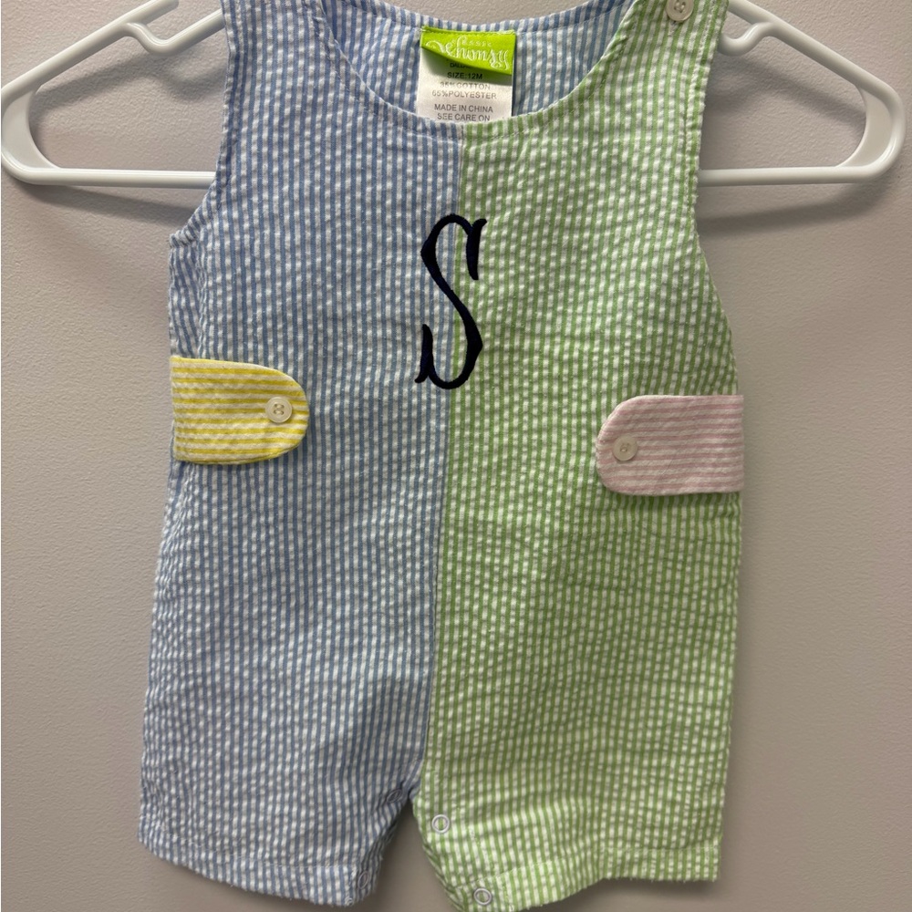Classic whimsy Seersucker Two-Tone Romper in Blue & Green